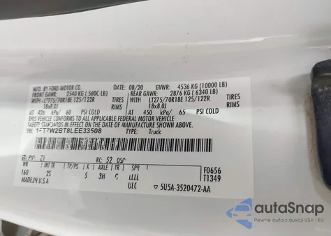 2020 Ford F250 Super Duty from USA, damaged, VIN 1FT7W2BT8LEE33508